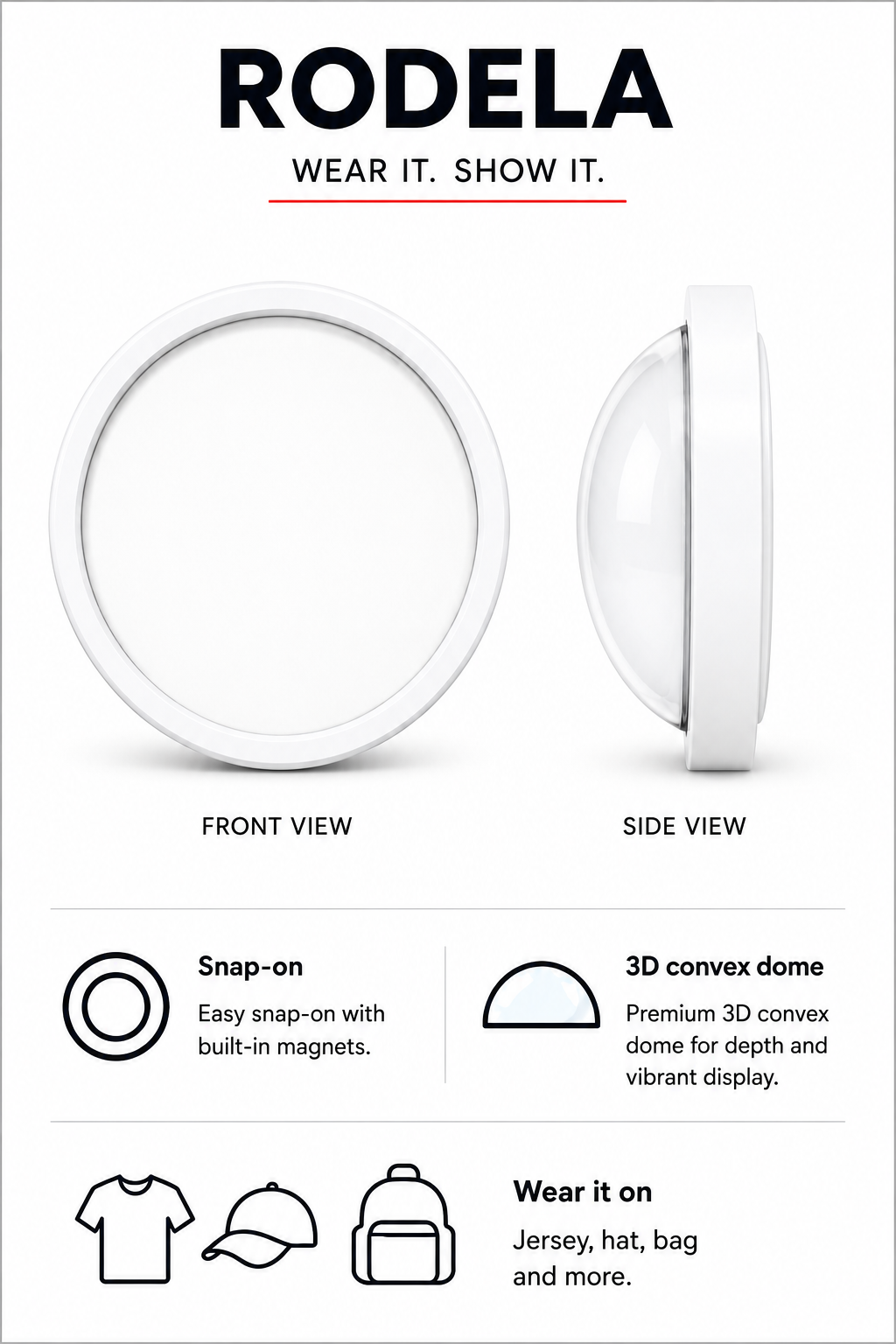 Rodela: a snap-on magnetic 3D convex dome display, wearable on jersey, hat, bag and more